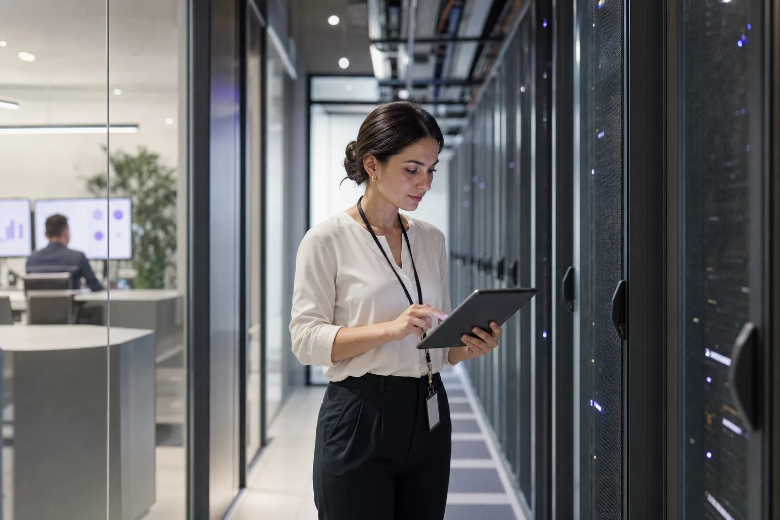 Technician in a modern data centre